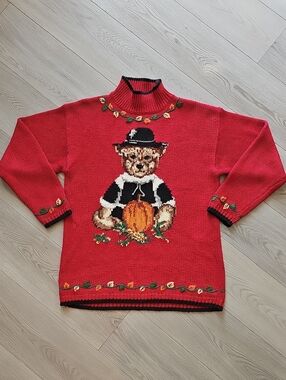 Vintage Eagles Eye Autumn Thanksgiving Pilgrim Teddy Bear Ramie Knit Sweater Med